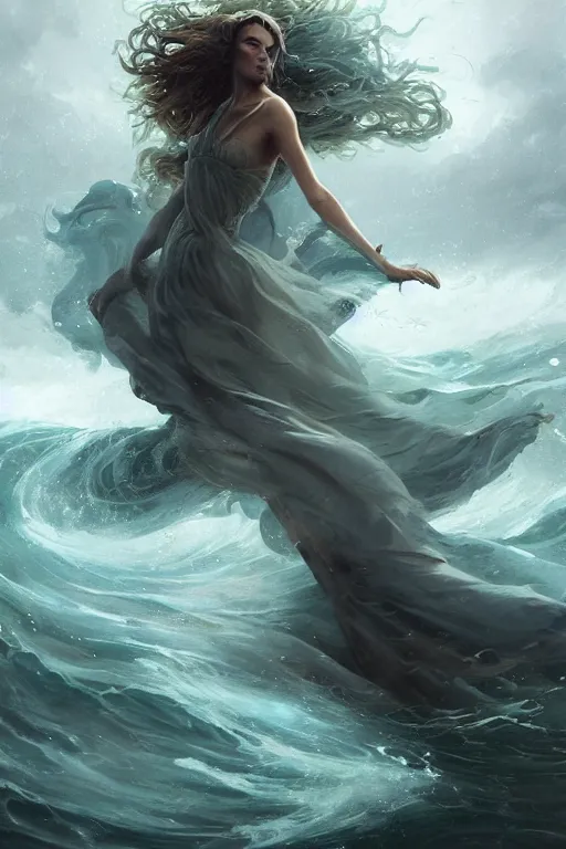 Prompt: beautiful powerful water goddess clothed in a swirling gown strides through a stormy sea, detailed matte fantasy portrait, dynamic lighting, bokeh backdrop, by greg rutkowski, by peter mohrbacher, by brom