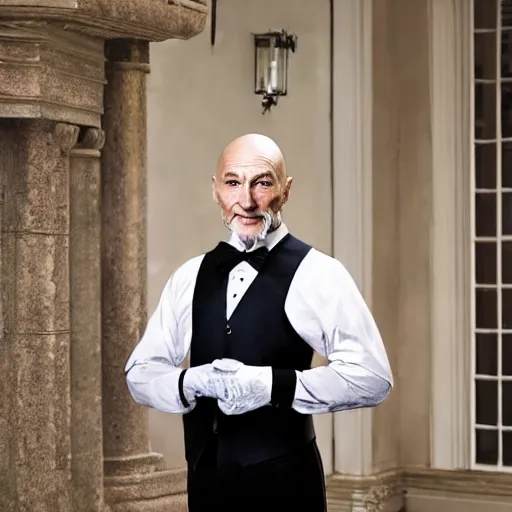 Image similar to older fantasy butler that looks similar to michael kane mixed with patrick stewart, full body portrait, mid - shot, handsome, 4 k, detailed, photo realistic, balding, well dressed, pet rat on shoulder