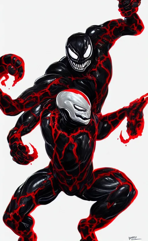 Image similar to venom in a venom inspired ironman suit, black and red, dynamic lighting, photorealistic fantasy concept art, trending on art station, stunning visuals, terrifying, creative, cinematic