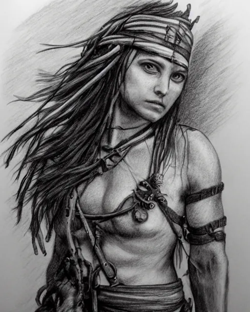 Prompt: A beautiful female warrior on a faded background of a pirate ship and a deserted island, realism pencil drawing on white paper, bald lines