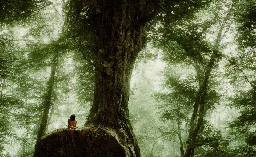 Prompt: a lonely wandering soul, resting in a forest sitting on a boulder, listening to the quiet and the breeze, smiling and looking up at the trees, by elizabeth gadd