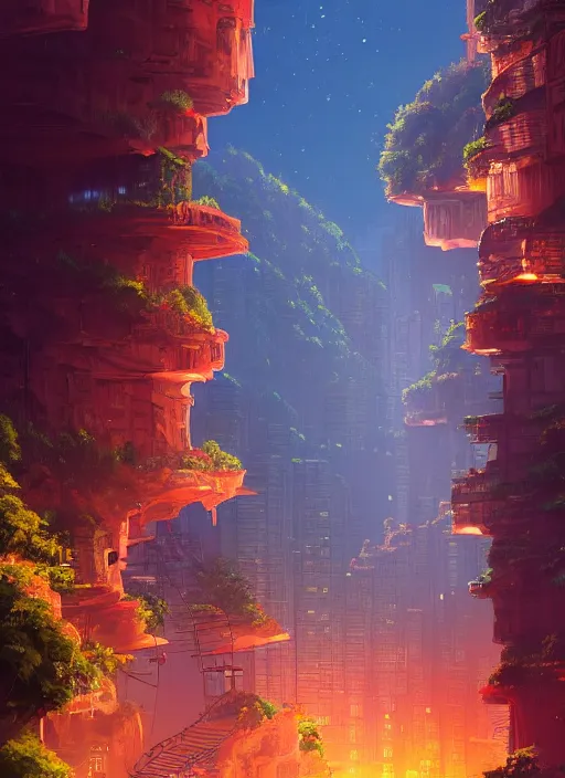 Prompt: city built on terraces in a gigantic canyon, lots of buildings connected by hanging bridges, waterfalls, glow coming from amber veins in the ground, lush vegetation, pitchblack sky, extremly detailed digital painting, in the style makoto shinkai and alena aenami, rim light, beautiful lighting, 8 k, stunning scene, raytracing, octane, trending on artstation