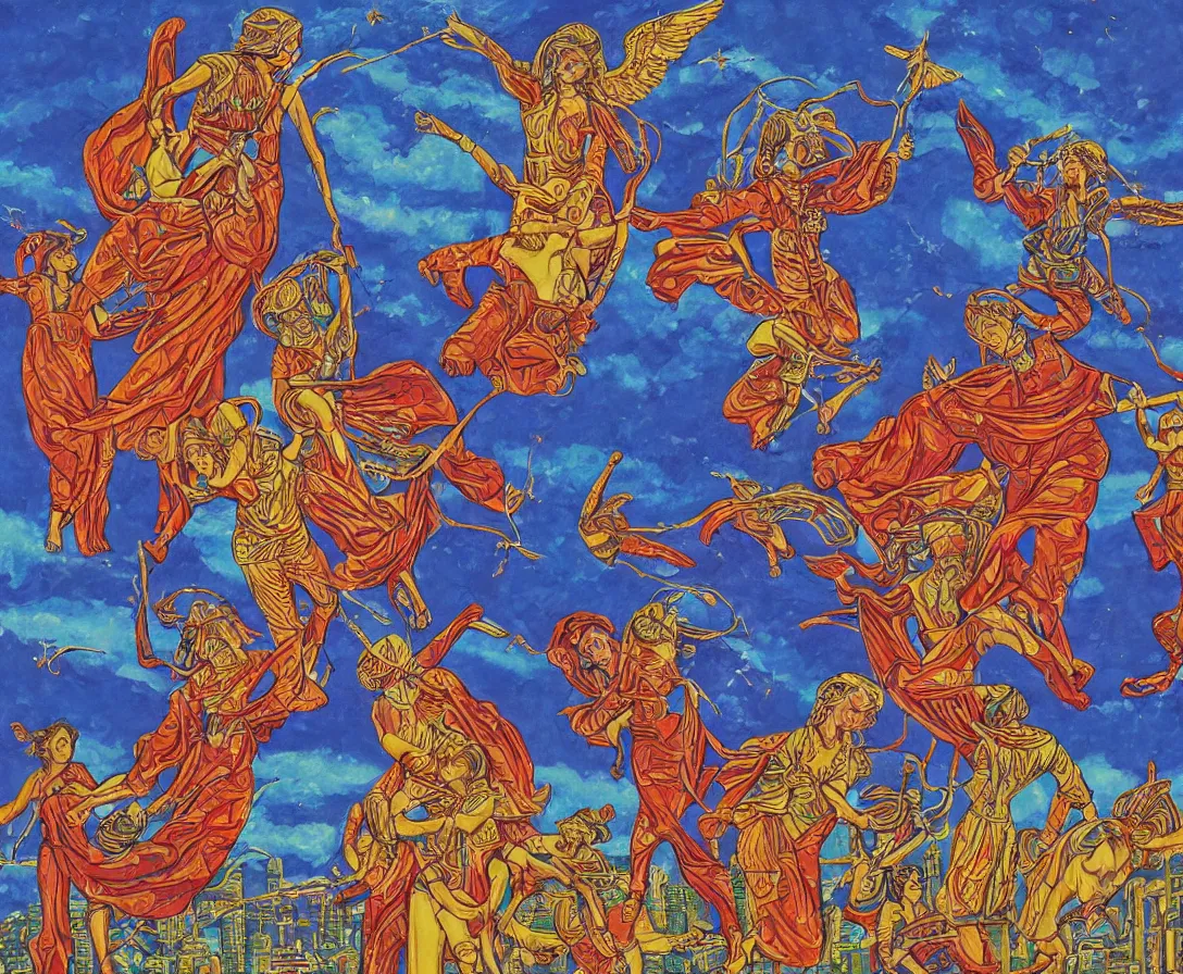 Image similar to sacred angels fighting in the skies of seattle, gouache, stylised, by mati klarwein and moebius