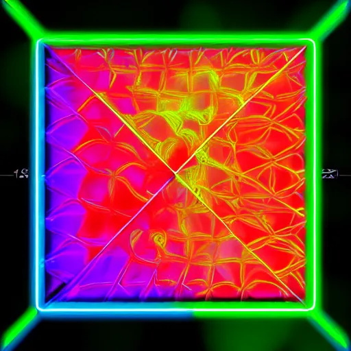 Prompt: a neon colored square with a picture of a multicolor coral, a computer rendering by gabriel dawe, vivid color hues, shart ultrafine detail, fractal filigree, featured on zbrush central, holography, glowing neon, made of glass, irridescent