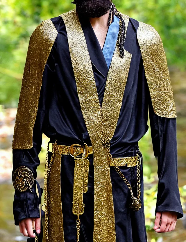 Image similar to longshot modern ancient greek squire costume chiseled chin full beard shaved head nature creek river in the woods marc jacobs gucci gold black blue intricate detailed handsewn textile robes chains necklace