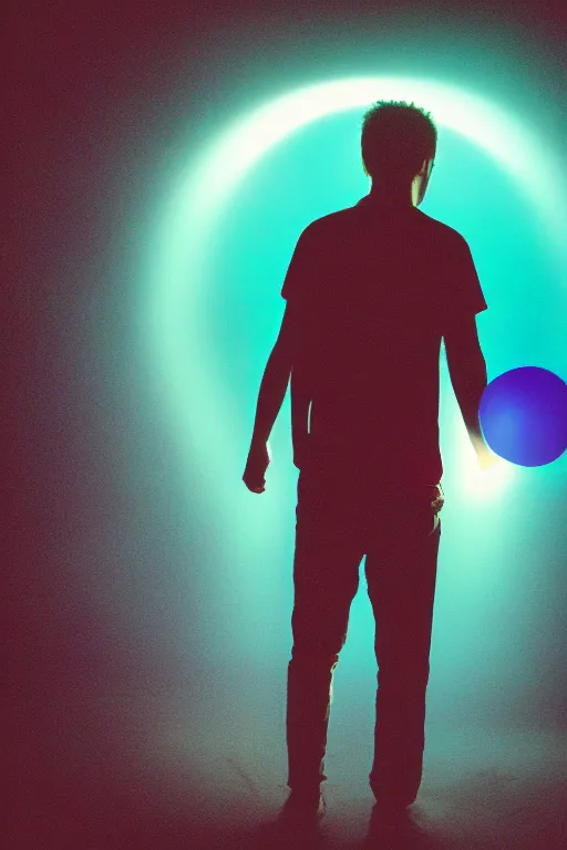 Image similar to agfa vista 4 0 0 photograph of a guy holding a glowing ball of magic, back view, synth vibe, vaporwave colors, lens flare, moody lighting, moody vibe, telephoto, 9 0 s vibe, blurry background, grain, tranquil, calm, faded!,