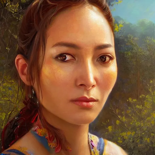 Image similar to portrait of a chilean woman ( 3 5 ) from chile in 2 0 2 1, an oil painting by ross tran and thomas kincade