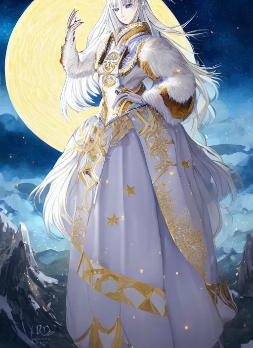 Image similar to commissioned full body portrait of a female anthro wolf princess fursona with white hair wearing a white and gold Japanese armored dress in a white and gold palace on a starry night with a large crescent moon, by a professional manga illustrator, Stanley Artgerm Lau, WLOP, Rossdraws, James Jean, Andrei Riabovitchev, Marc Simonetti, and Sakimichan, trending on artstation