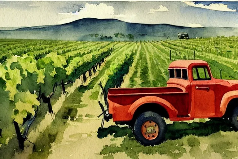 Image similar to watercolor painting of bbc a vintage red truck in a vineyard by winslow homer