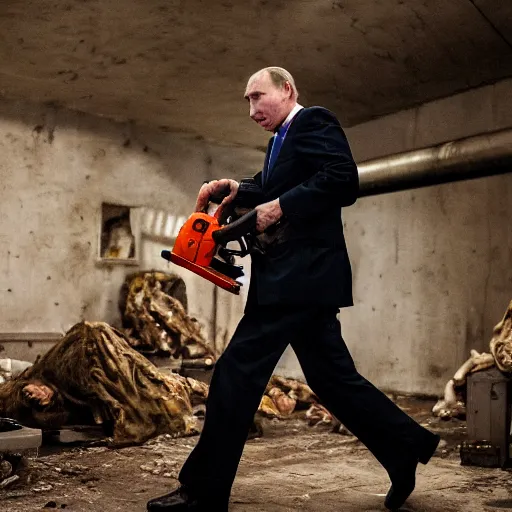 Image similar to putin with a chainsaw. in a concrete bunker with a pile of corpses. focus on putins face with blood splatters. canon eos r 3, f / 1. 4, iso 1 6 0 0, 1 / 8 0 s, 8 k, raw, grainy