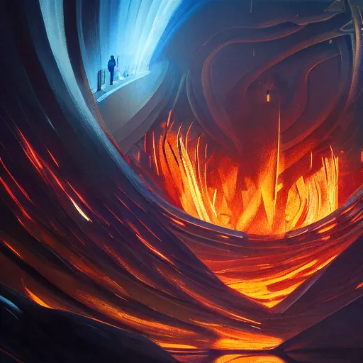 Prompt: stunning painting of futuristic prometheus gives the fire to the people, crowded area, divine path, by concept art, masterpiece, epic, mythologic, ultimate, fantastic, 8 k hd resolution highly detailed, cinematic rendered, soft lighting, centered,