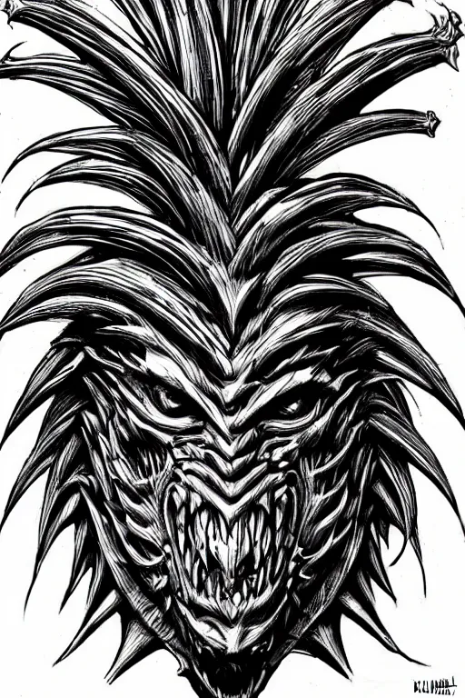 Image similar to screeching pineapple humanoid figure monster wearing themed armour, symmetrical, highly detailed, digital art, sharp focus, trending on art station, kentaro miura manga art style