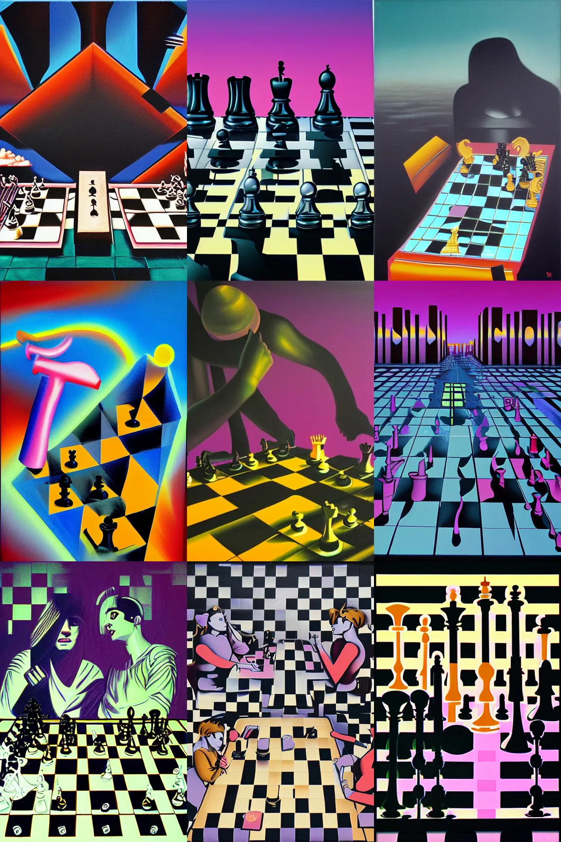 Prompt: surreal chess, 80s style synthwave, matte colors, oil on canvas