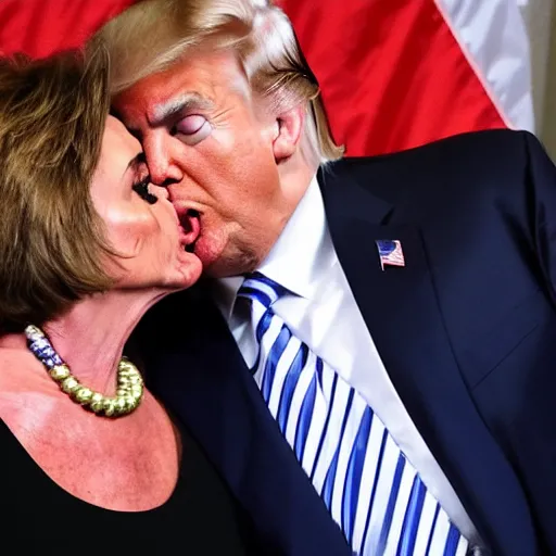 Image similar to donald trump kissing nancy pelosi with tongue, american flag behind