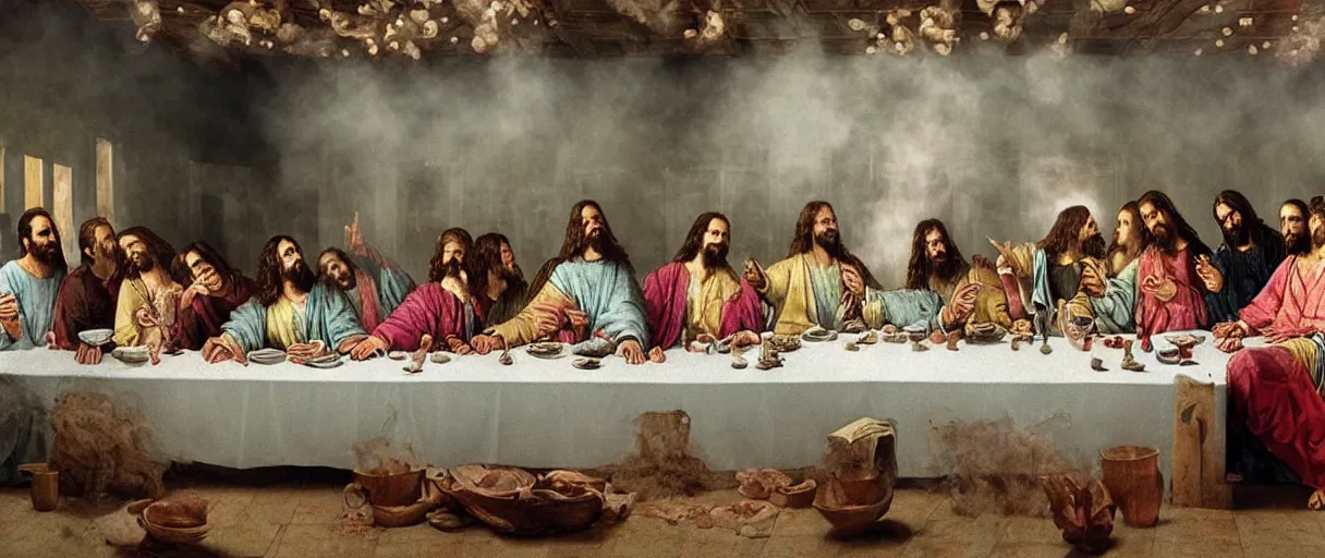 Prompt: the last supper jesus with female friends party, drinking wine and passing big blunts, in clouds of smoke, album cover, emotional cartoon speech bubble, 4 k, hyperrealistic photograph, highly detailed, sharp focus, art by ilya repin