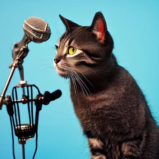 Image similar to a cat holding a mic singing on stage in Broadway, theater, photo