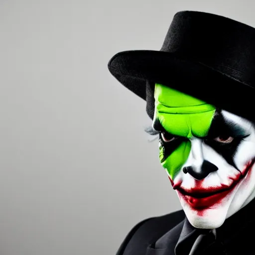 Image similar to a male model wearing a black leather hat in joker makeup, frontal view, cool looking