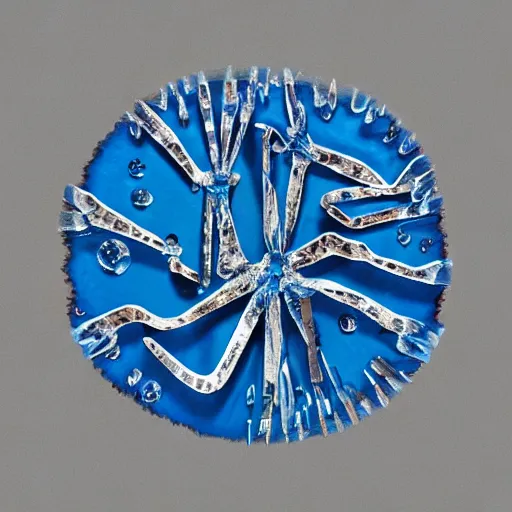 Image similar to blue crystal exploding, 4k (blue)!!, double exposures on 35mm film!, scissor people, scalier skin for moisture retention, x-chromosome pair of steel scissors joined in the center, adapted to a drier climate, Genetic isolation with different environmental pressures yields a variant of yautja by michael vincent, alien anatomyArt by Joel peter Witkin, art by hr Geiger, art by Brom, art by Todd McFarlane, 8k concept art, low poly, cinematic, horror, monsters, fur, shadows, full color, best practice, creature, cinematographic, cinematic, hyper realistic, detailed, 8k, octane render.