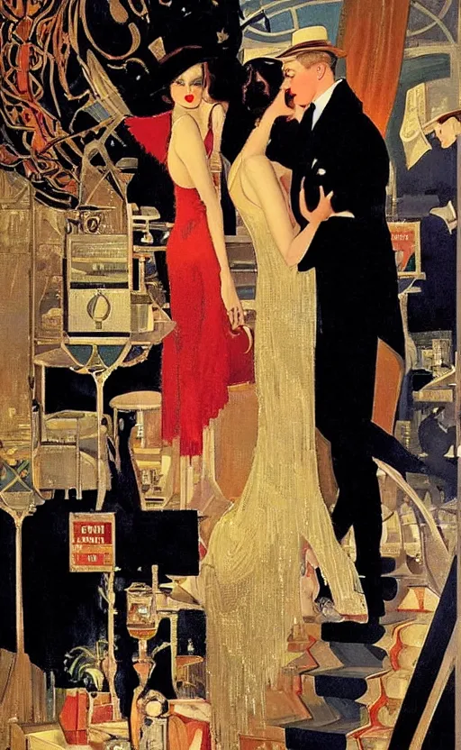 Image similar to an oil painting depicting high society life in the Jazz Age, Fitzgerald, 1920s style, The Great Gatsby, smooth, by Francis Coates Jones, Coles Phillips, Dean Cornwell, JC Leyendecker