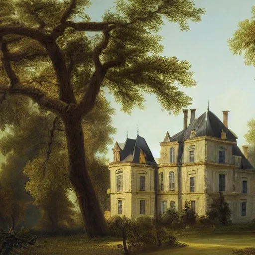 Image similar to a large serene beautiful matte painting of a delapitaded quaint french country castle in a state of disrepair, covered in vines, by asher brown durand and george ault featured on artstation