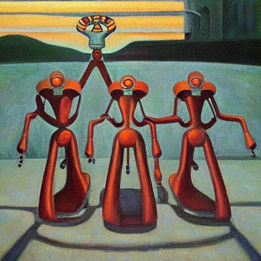 Image similar to robot druids in a grand processional, grant wood, pj crook, edward hopper, oil on canvas