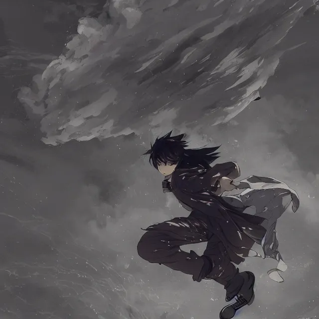 Prompt: close up of a young anime boy energetically flying in the air, an ultrafine hyperdetailed illustration by akihiko yoshida, makoto shinkai, greg rutkowski, intricate linework, action lines, global illumination, intricate sci fi environment, soft lighting, final fantasy, trending on art station.