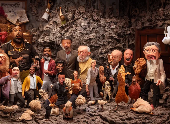 Image similar to detailed studio photography of a claymation diorama of kanye west hosting a party for chicken, zeiss lens, detailed, by erwin olaf, joop geesink, wes anderson, jim henson, brian froud, breathtaking, 8 k resolution, beautiful lighting, studio light, extremely detailed, establishing shot, realistic materials, hyperrealistic