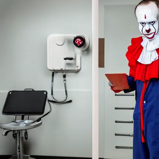 Image similar to dr pennywise wirking in the emergency room, using a stethoscope, wearing doctor clothes, dramatic