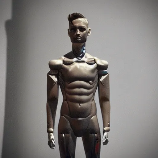 Image similar to “a realistic detailed photo of a guy who is an attractive humanoid who is half robot and half humanoid, who is a male android, Finn Balor, shiny skin, posing like a statue, blank stare”