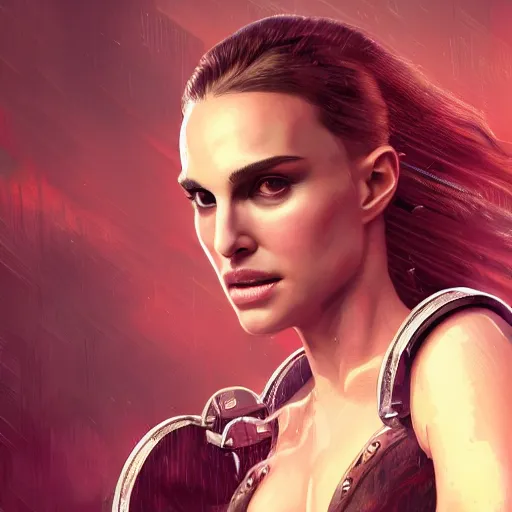 Image similar to natalie portman portrait, dystopia core, apocalyptic, armor, warrior, dramatic, sharp focus, fiction, neon, fantasy, hyper detailed, digital art, trending in artstation, cinematic lighting, studio quality, smooth render, unreal engine 5 rendered, octane rendered, art style and nixeu and wlop and krenz cushart