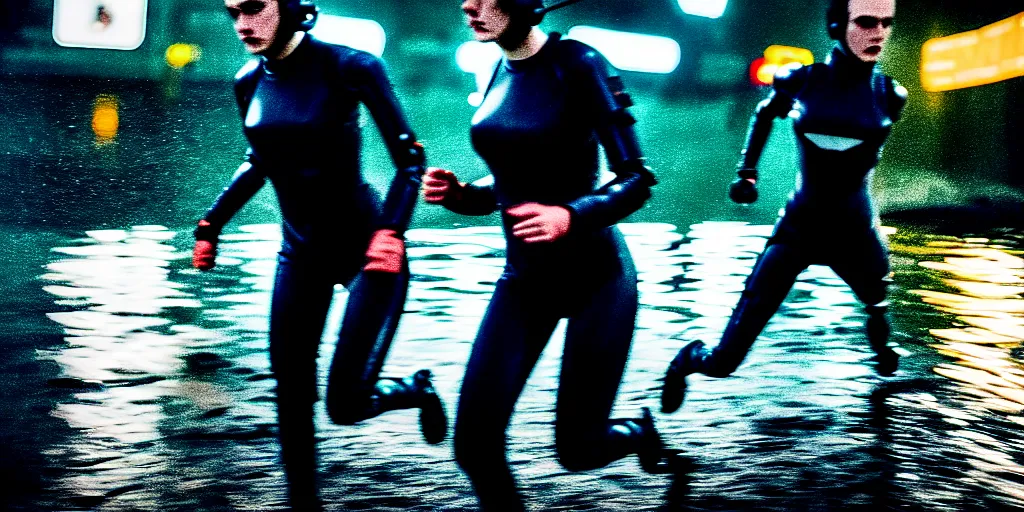 Image similar to cinestill 5 0 d candid photographic portrait by stanley kubrick of female androids sprinting wearing rugged black mesh techwear in treacherous waters, flooded city, medium closeup, retrofuturism cyberpunk moody emotional cinematic, pouring iridescent rain bright spotlight helicopter, 8 k, hd, high resolution, 3 5 mm, f / 3 2 motion blur, ultra realistic faces, ex machina