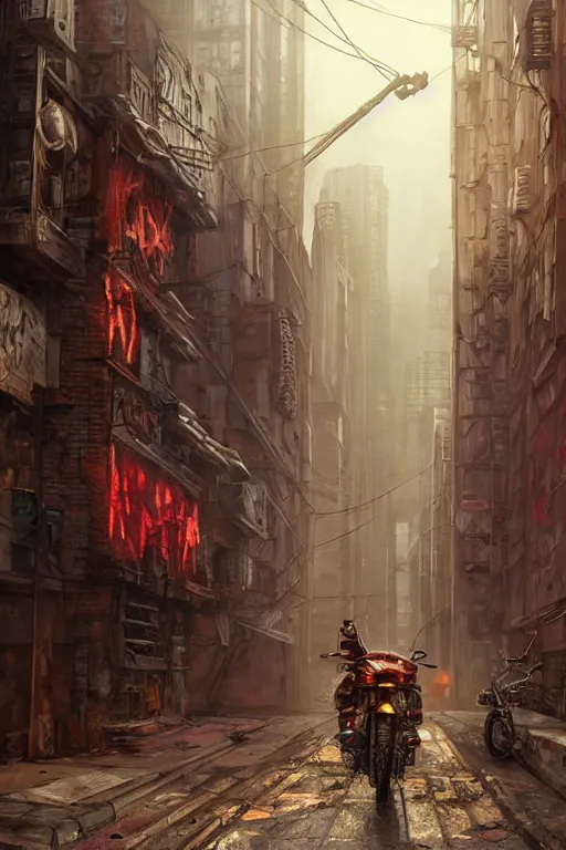 Image similar to a highly detailed matte painting of a gang tag of a red wolf with a mohawk graffitied on a brownstone wall in a desolated cyberpunk street, by studio ghibli, makoto shinkai, by artgerm, by wlop, by greg rutkowski, volumetric lighting, octane render, 4 k resolution, trending on artstation, masterpiece