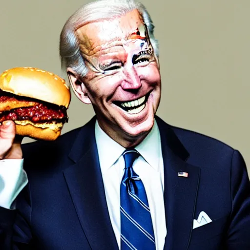 Image similar to a happy joe biden eating a hamburger made of marble