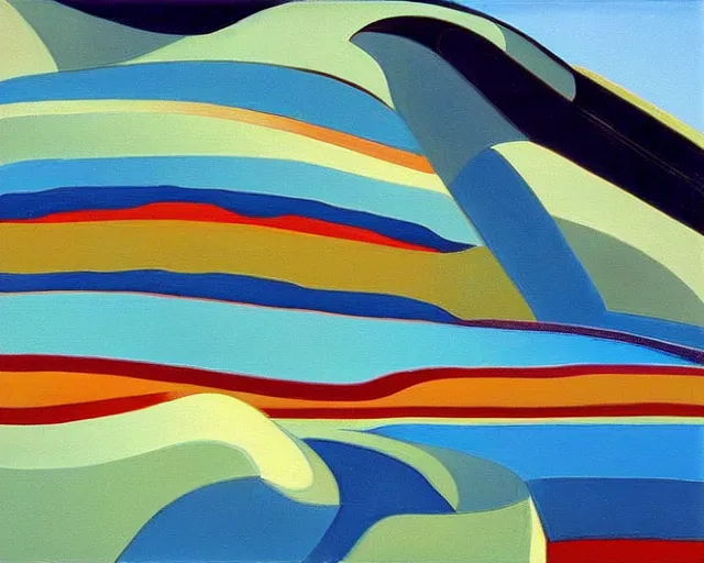 Image similar to A wild, insane, modernist landscape painting. Wild energy patterns rippling in all directions. Curves, organic, zig-zags. Saturated color. Mountains. Clouds. Rushing water. Wayne Thiebaud.