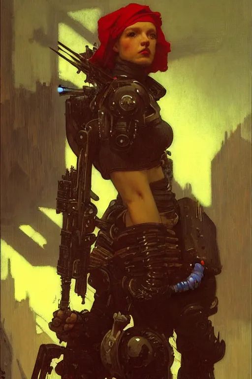 Image similar to full character portrait max mad cyberpunk warhammer 4 0 k, medic sapper not the girl with the pearl earring character design, painting by gaston bussiere, katsuya terada, nc wyeth, greg rutkowski, craig mullins, vermeer, frank frazetta, mucha, tom of finland, trending on artstation, jeffery catherine jones