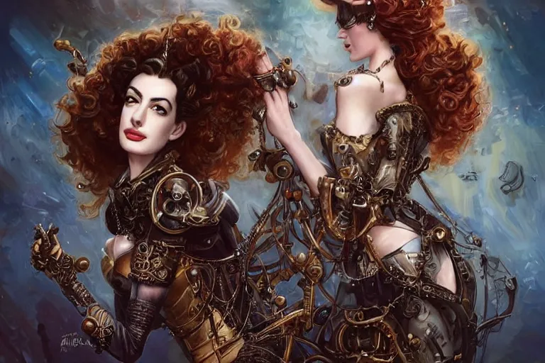 Image similar to three-quarters pose portrait of Anne Hathaway as a beautiful Lady Mechanika, very beautiful young woman, ginger wavy hair, Victorian-era push-up underwire. Intricate, steampunk imagery themed, D&D!, fantasy style, sharp focus!, ultra detailed, art by Artgerm and Peter Andrew Jones