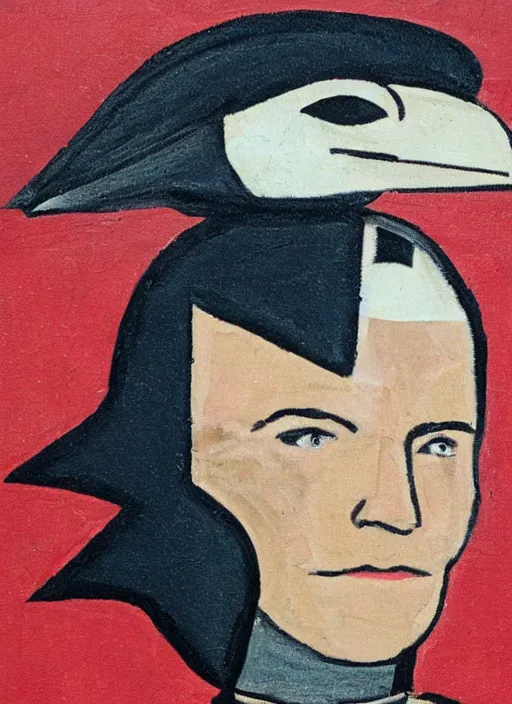 Image similar to a jet pilot with a crow head