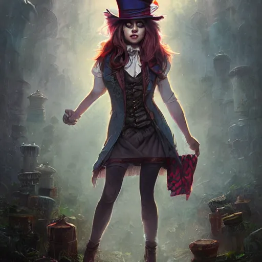 Prompt: realistic, full body portrait, attractive grungy female mad hatter, by Jordan Grimmer and greg rutkowski, crisp lines and color,