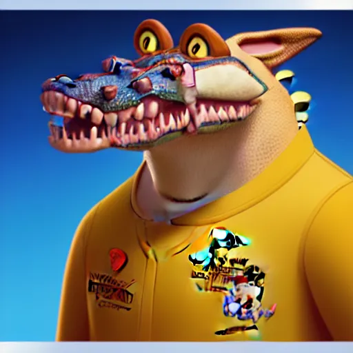 Prompt: in the style of artgerm and disney, 3 d render, anthropomorphic alligator, symmetrical face, symmetrical eyes, red scales on his back, yellow scale on his belly and chest, male, waring a hawaiian shirt, in the style of zootopia, hd, 4 k, high definition background