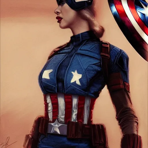 Image similar to captain america played by by scarlett johansson wearing atompunk outfit, face portrait, hd shot, digital portrait, elegant, beautiful, fantasy art, artstation, comic style, by artgerm, guy denning, jakub rozalski, magali villeneuve and charlie bowater