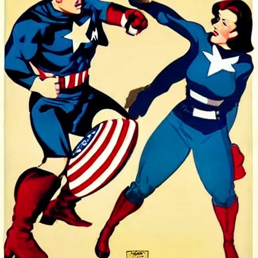 Prompt: female captain america punching hitler. wwii american propaganda poster by james gurney