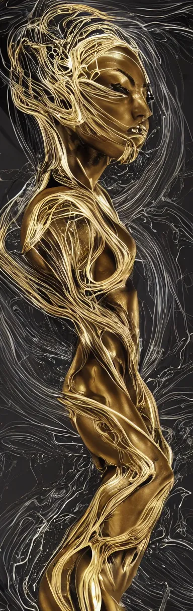 Image similar to pencil drawing illustration, gold bodypaint, neobrutalistic, digital abstract sculpt of beautiful female body and black swirling latex acrylic portrait, black latex sculpt, minimalism, mechanical superstructure, strong wind, sacred geometry, 8 k, cinematic, magic hour, beautiful light, sculpture of carving marble, dark colors, filigree ornaments, one point light, clockwork