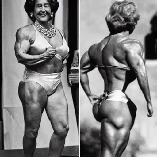 Prompt: the queen of england as a bodybuilder