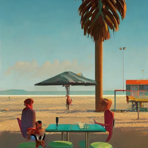 Image similar to inside diner at the beach with palm trees by simon stalenhag
