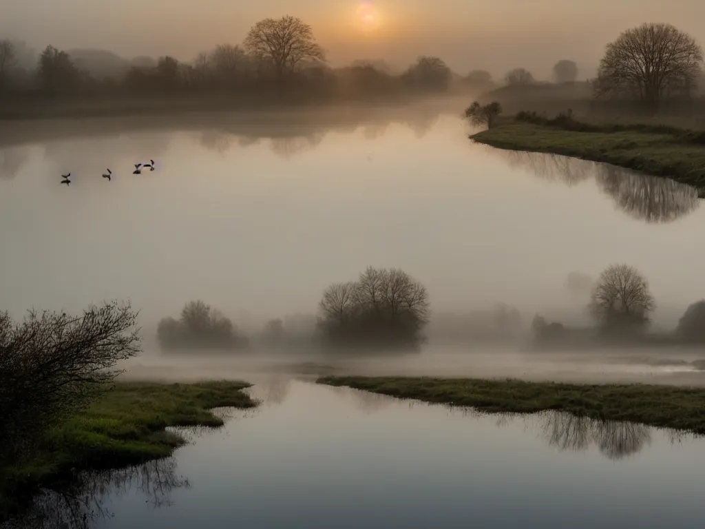 Image similar to A landscape photo taken by Kai Hornung of a river at dawn, misty, early morning sunlight, cold, chilly, two swans swim by, rural, English countryside