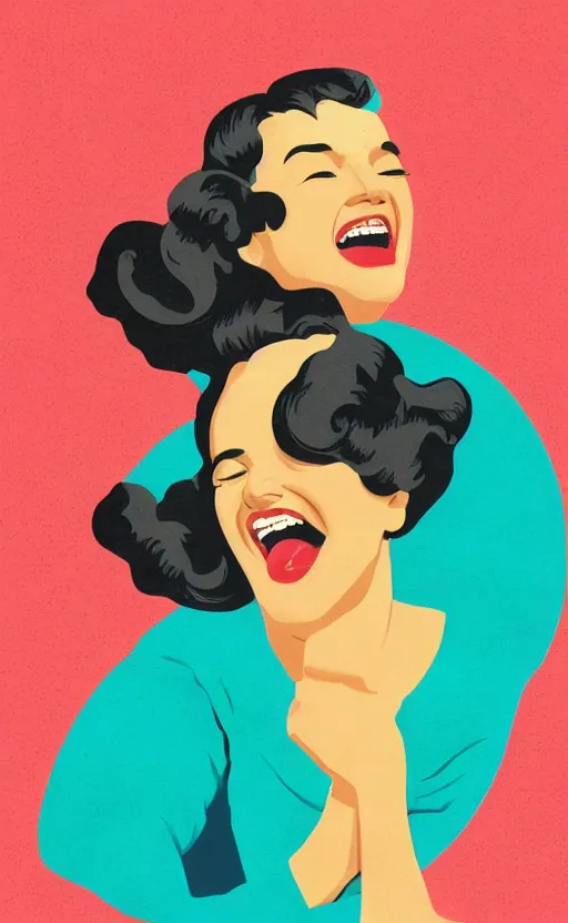 Image similar to illustration with a woman laughing out loud, standup, comedy, joke, an art deco painting by tom whalen, funny meme photo, trending on behance, art deco, digital illustration, storybook illustration, grainy texture, flat shading, vector art, airbrush, pastel, watercolor, poster