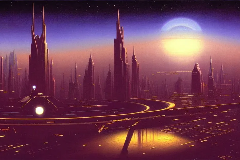 Prompt: a scifi illustration, Night City on Coruscant by martin johnson heade