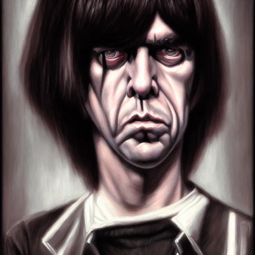 Image similar to portrait of Johnny Ramone, by Casey Baugh, Steve Caldwell, Gottfried Helnwein, and Artgerm, sharp focus, 8k resolution, masterpiece work, digital render.