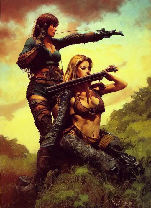 Image similar to hyper realistic hunter girl, full body, human proportion, rule of thirds, conceptart, saturated colors, cinematic, vallejo, frazetta, royo, rowena morrill, juan gimenez