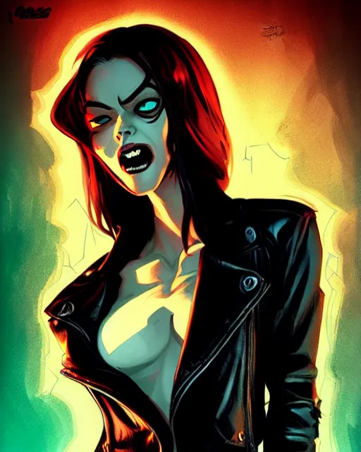 Image similar to Rafael Albuquerque comic cover art, loish, Sam yang, artgerm, Ross tran, pretty female Samara Weaving vampire, very sharp fangs blood on face face, sarcastic smile, symmetrical eyes, symmetrical face, brown leather jacket, jeans, long black hair, middle shot, highly saturated, deep blacks